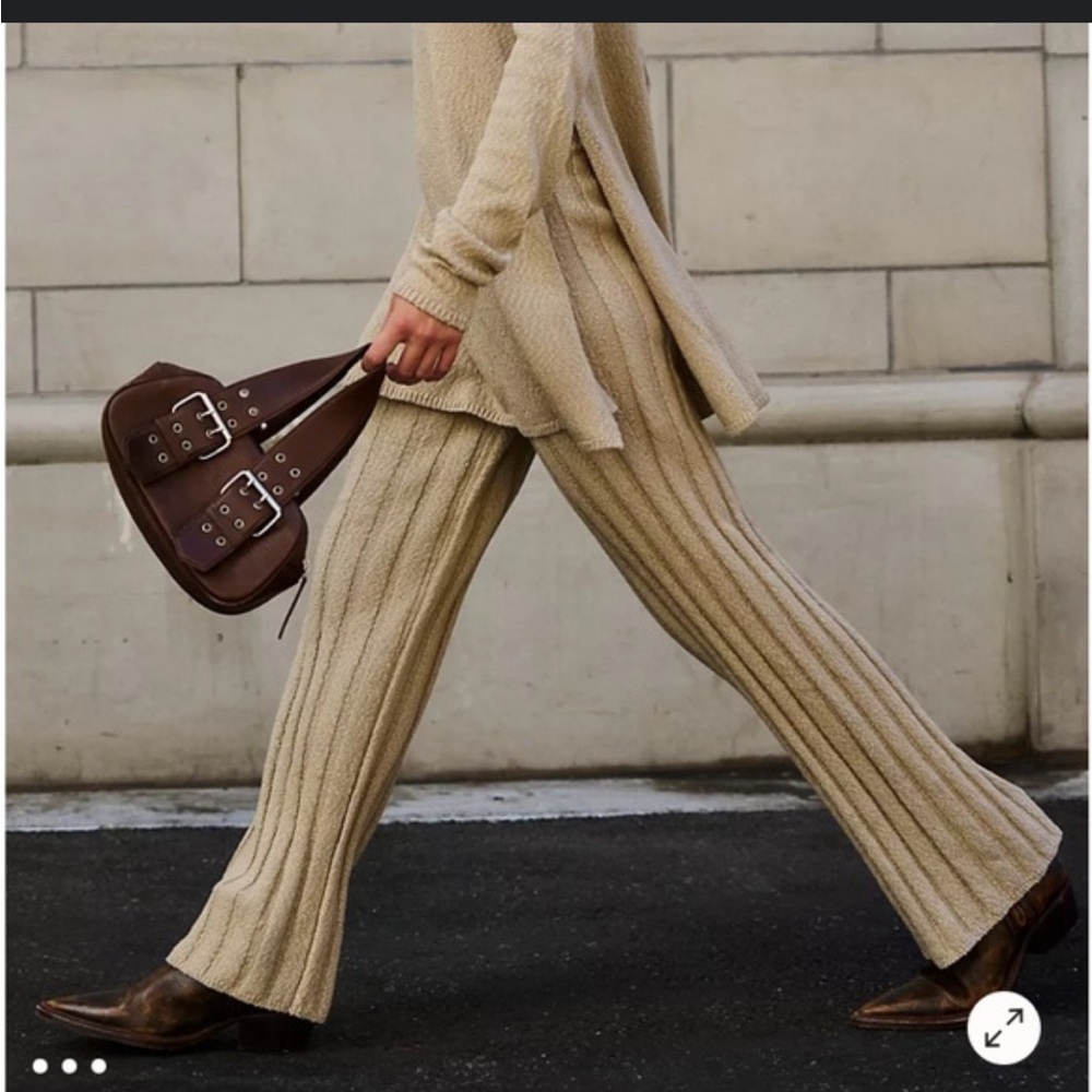 Free People Beach Knit Wide Leg Pants in Oatmeal High Rise Ribbed chunky